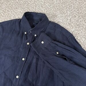 J Crew Shirt Mens L Navy Blue 100% Linen Long Sleeve Button Down Beach Resort